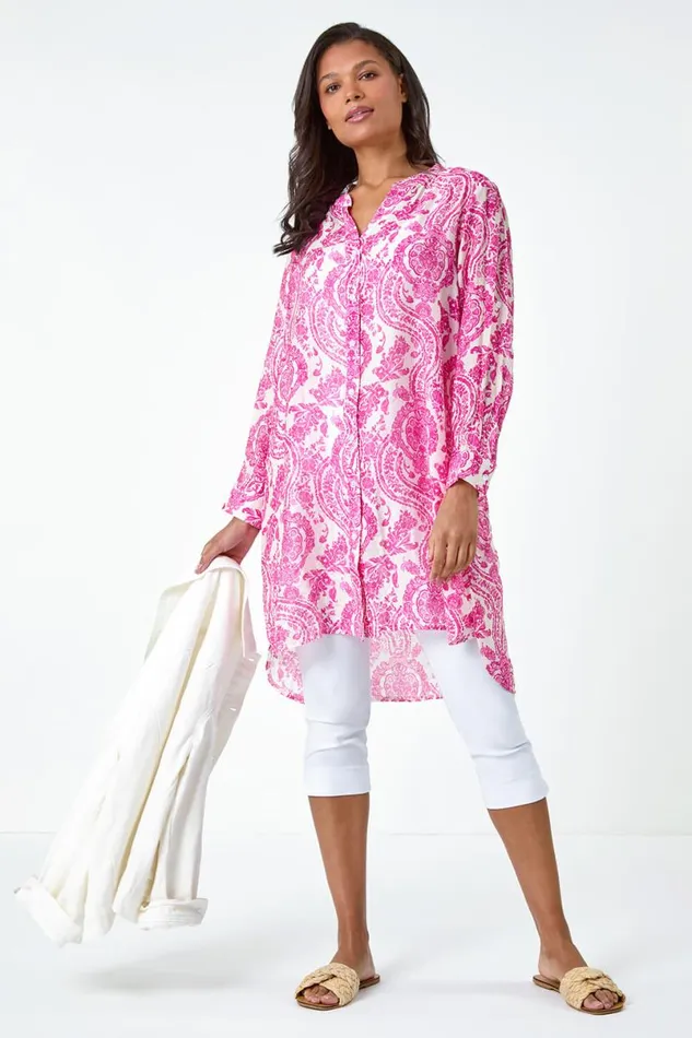 Pink Paisley Print Longline Blouse Women Roman Tops