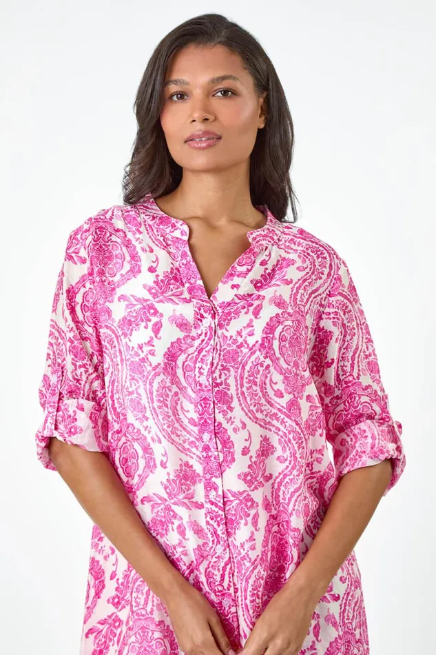 Pink Paisley Print Longline Blouse Women Roman Tops
