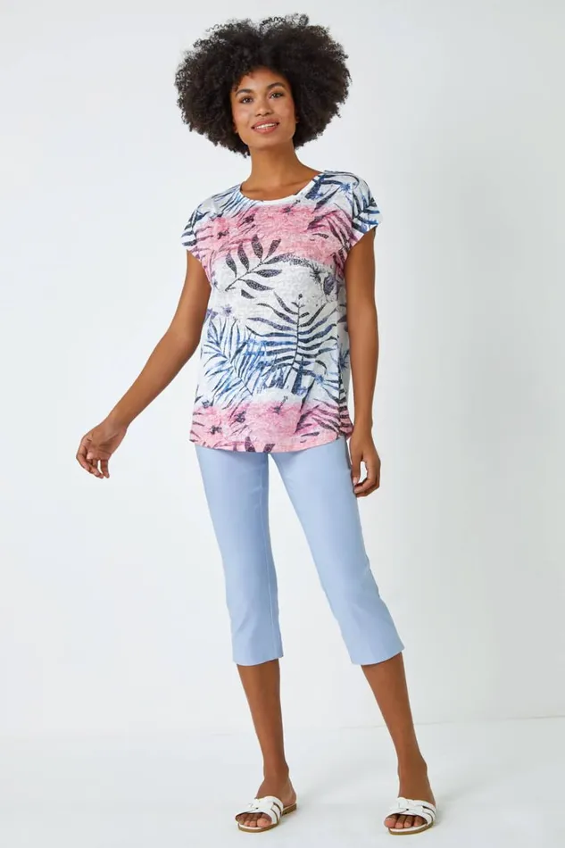 Pink Palm Print Burnout TShirt Women Roman Tops
