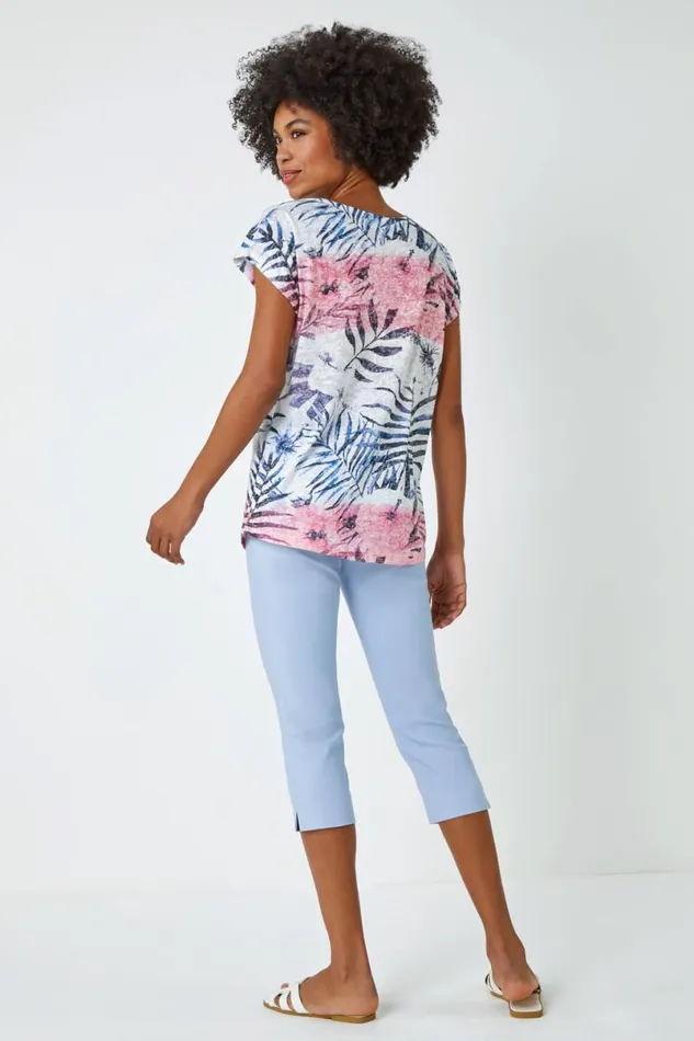 Pink Palm Print Burnout TShirt Women Roman Tops