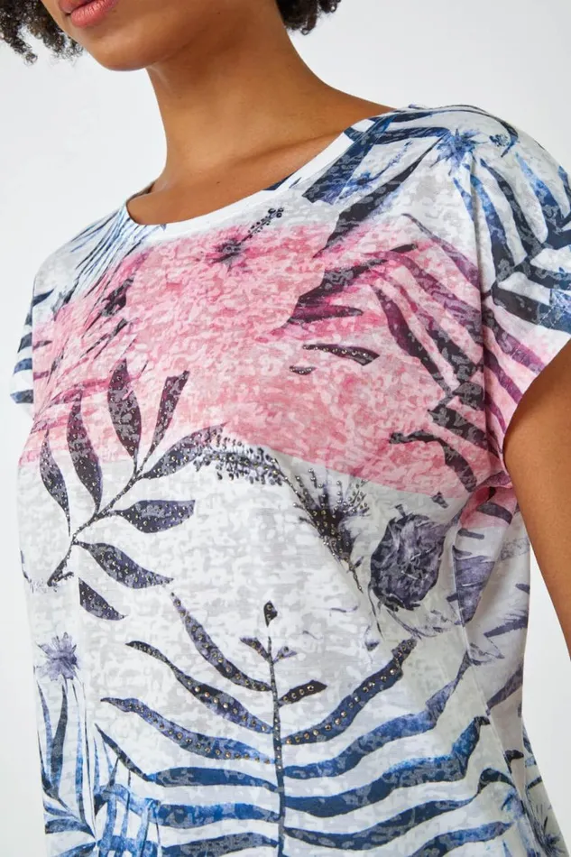 Pink Palm Print Burnout TShirt Women Roman Tops