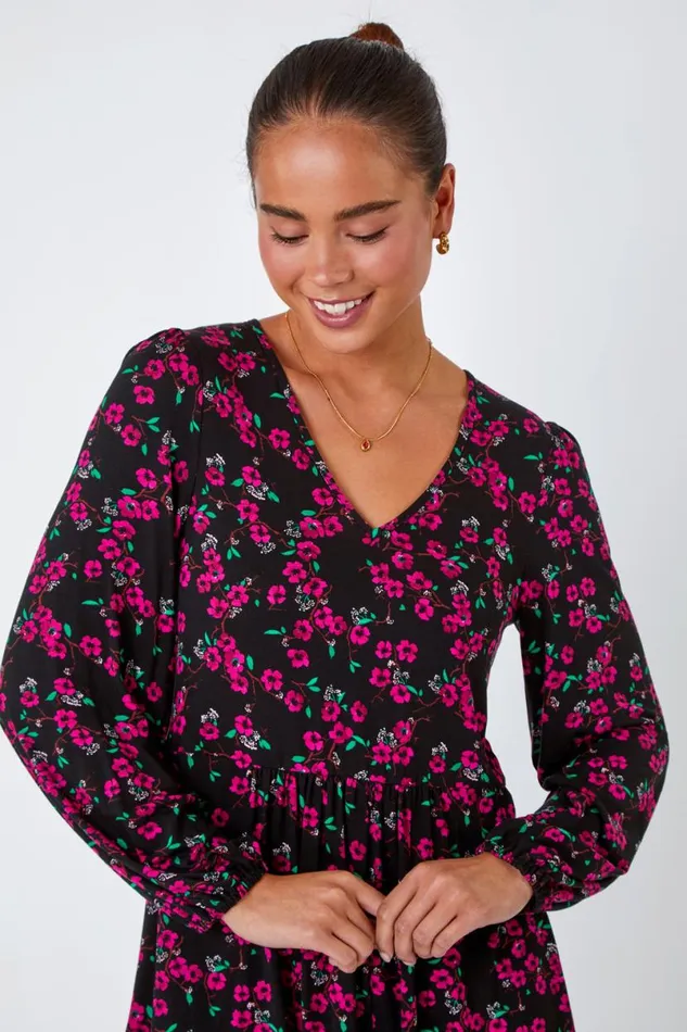 Pink Petite Floral Print Frill Hem Stretch Top Women Roman Tops
