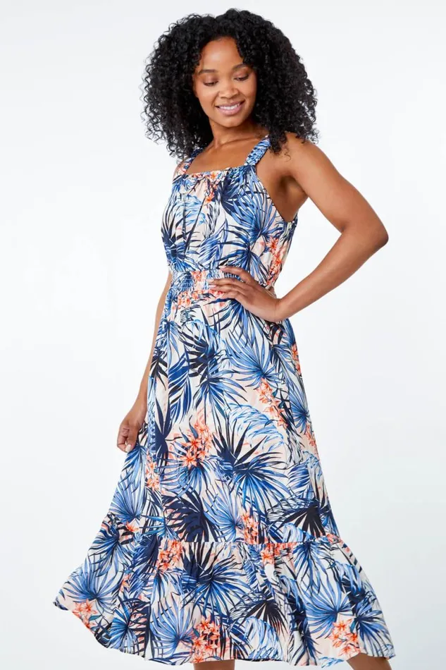 Pink Petite Floral Tiered Midi Sundress Women Roman Dresses