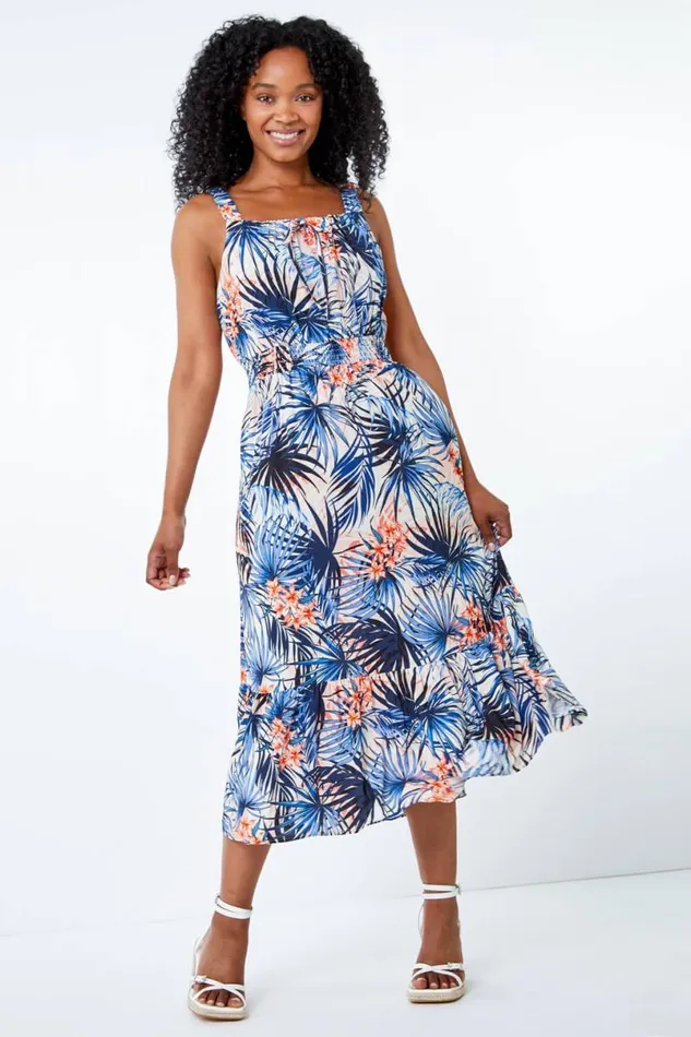 Pink Petite Floral Tiered Midi Sundress Women Roman Dresses