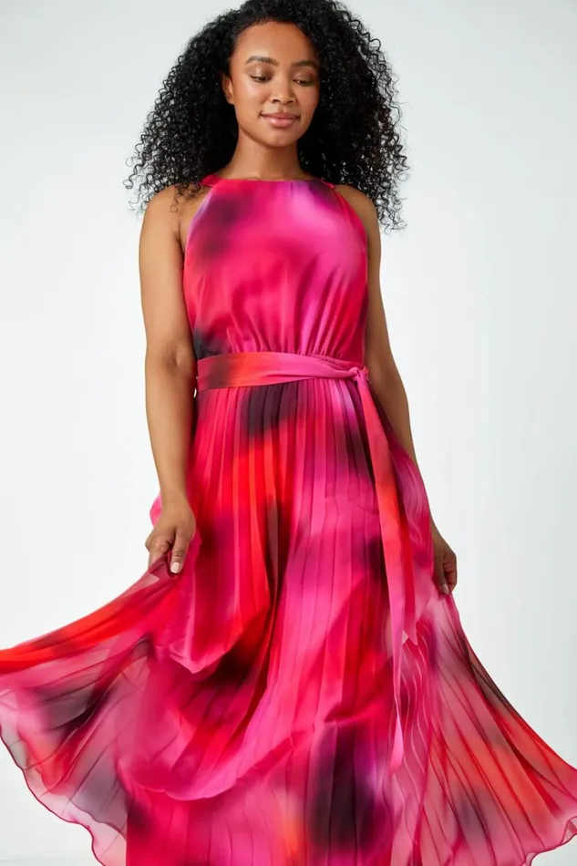 Pink Petite Halterneck Pleated Maxi Dress Women Roman Dresses