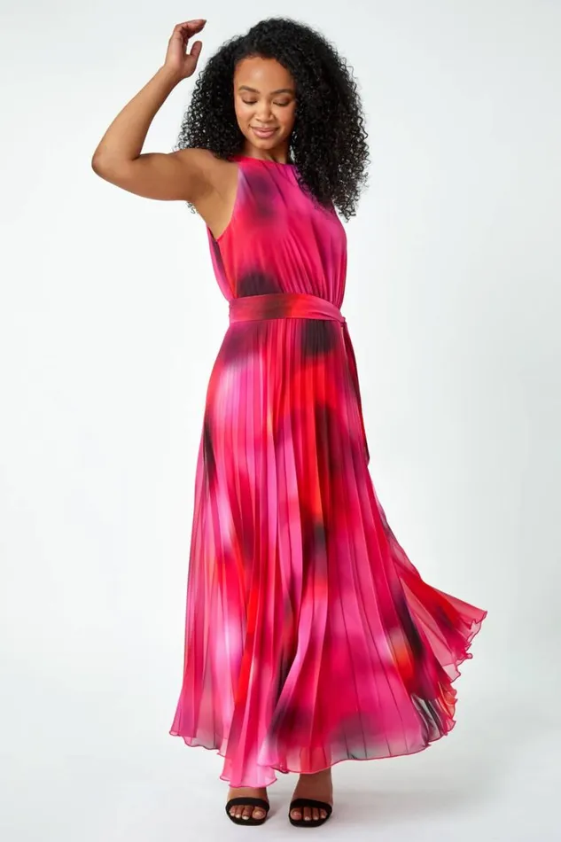 Pink Petite Halterneck Pleated Maxi Dress Women Roman Dresses