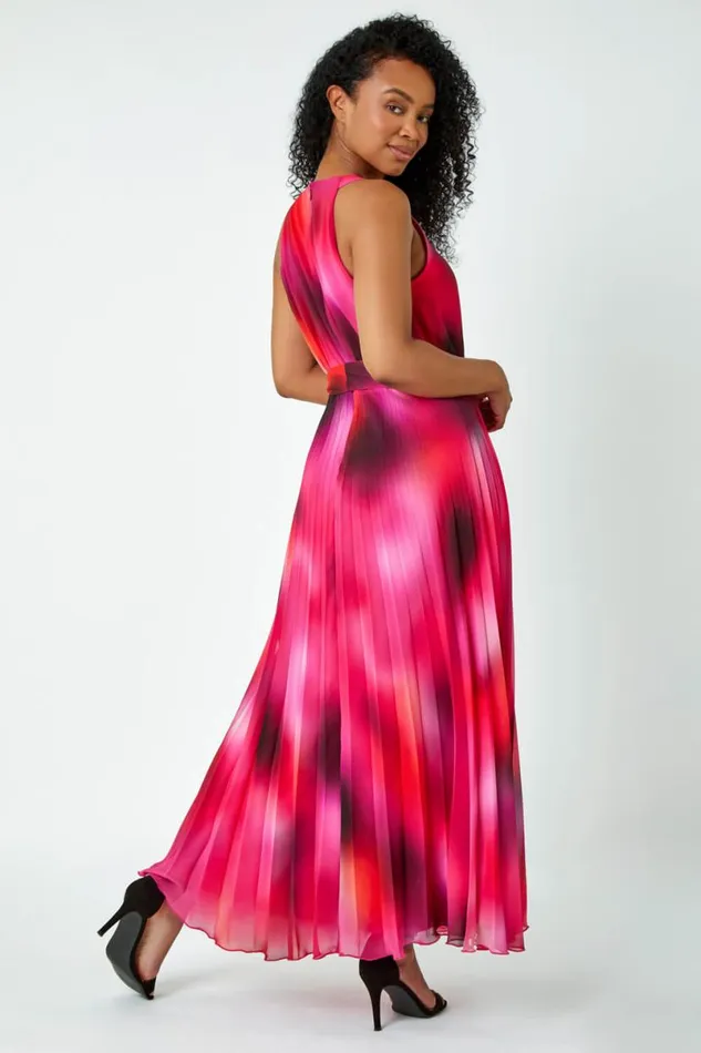 Pink Petite Halterneck Pleated Maxi Dress Women Roman Dresses