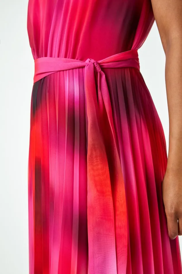 Pink Petite Halterneck Pleated Maxi Dress Women Roman Dresses