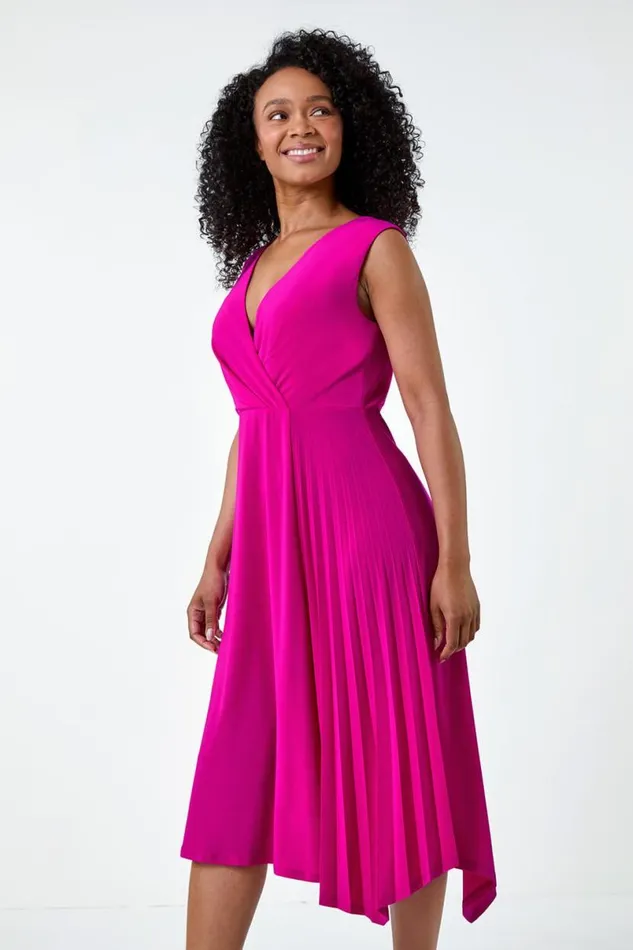 Pink Petite Pleat Detail Stretch Wrap Dress Women Roman Dresses
