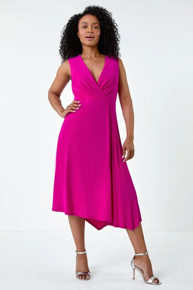 Pink Petite Pleat Detail Stretch Wrap Dress Women Roman Dresses