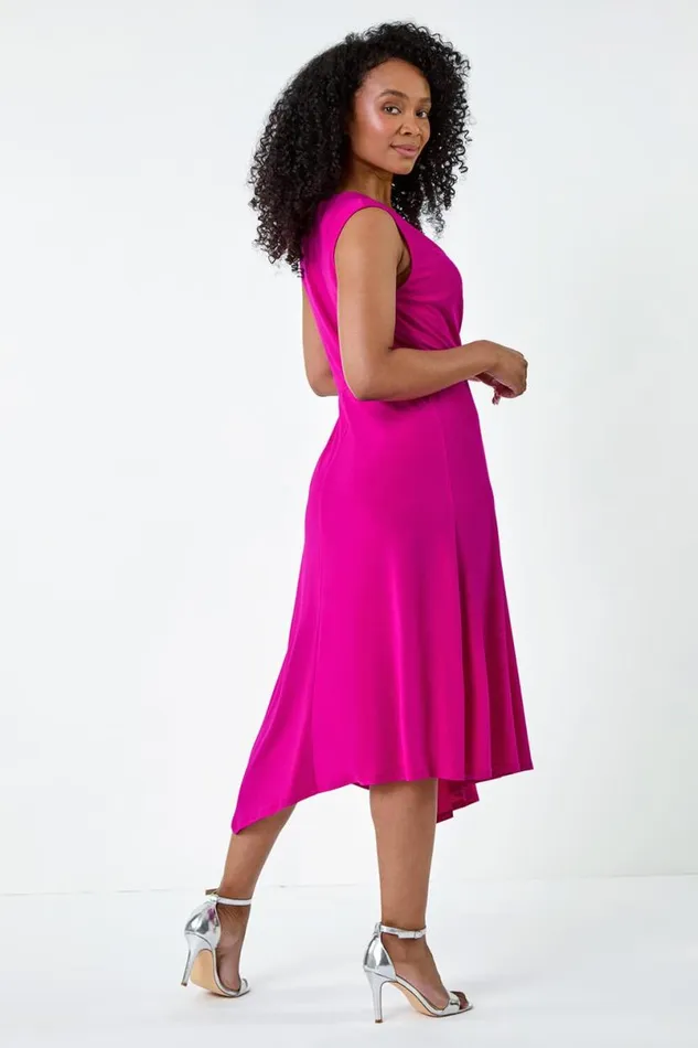 Pink Petite Pleat Detail Stretch Wrap Dress Women Roman Dresses