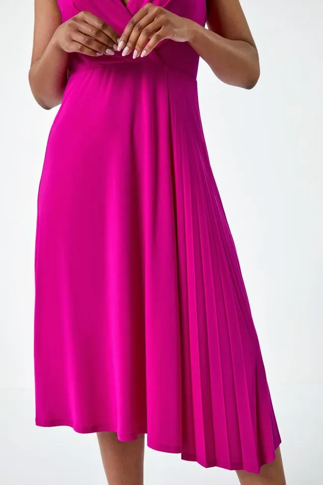 Pink Petite Pleat Detail Stretch Wrap Dress Women Roman Dresses