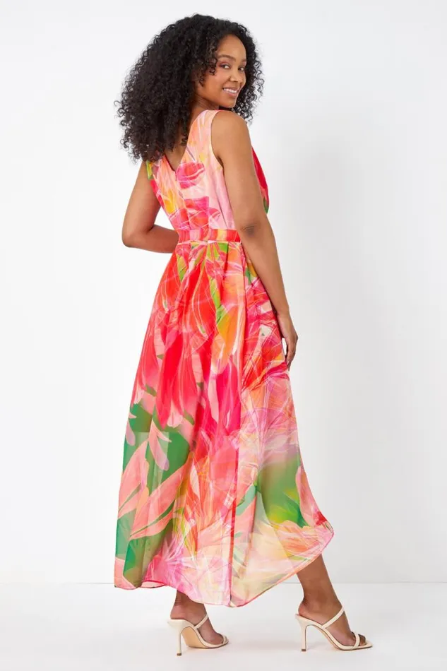 Pink Petite Sleeveless Floral Chiffon Maxi Dress Women Roman Dresses