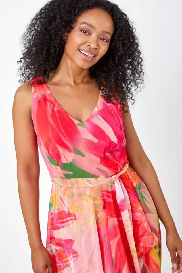 Pink Petite Sleeveless Floral Chiffon Maxi Dress Women Roman Dresses