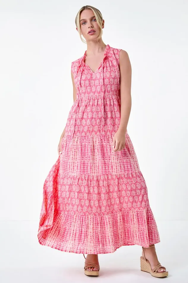 Pink Petite Tie Dye Tiered Midi Dress Women Roman Dresses