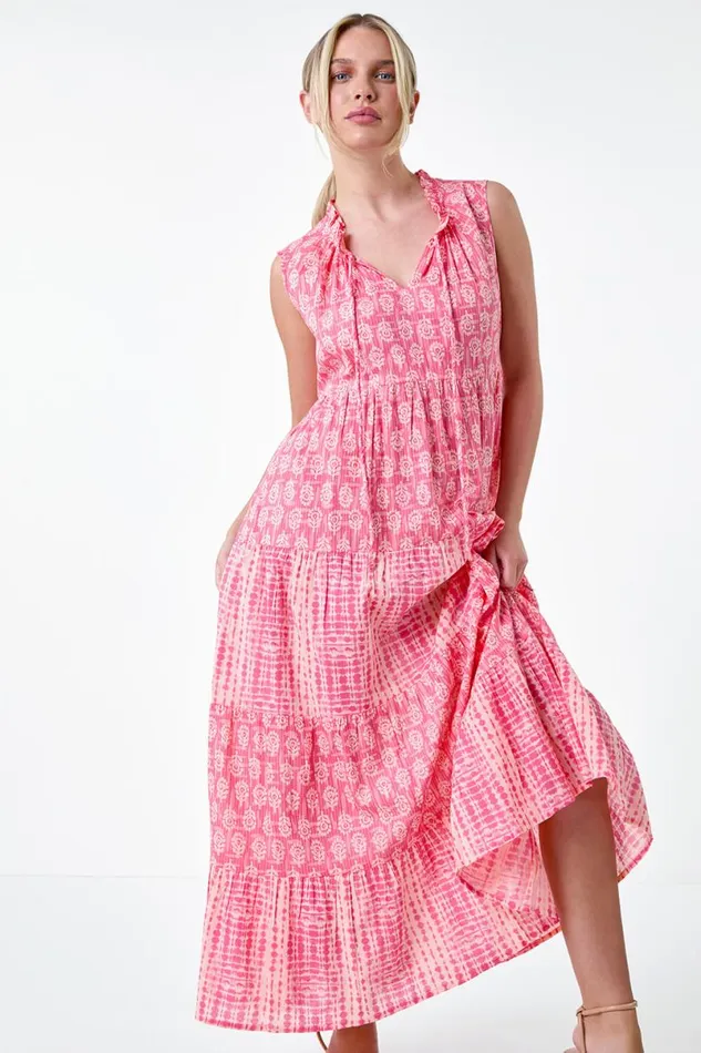 Pink Petite Tie Dye Tiered Midi Dress Women Roman Dresses