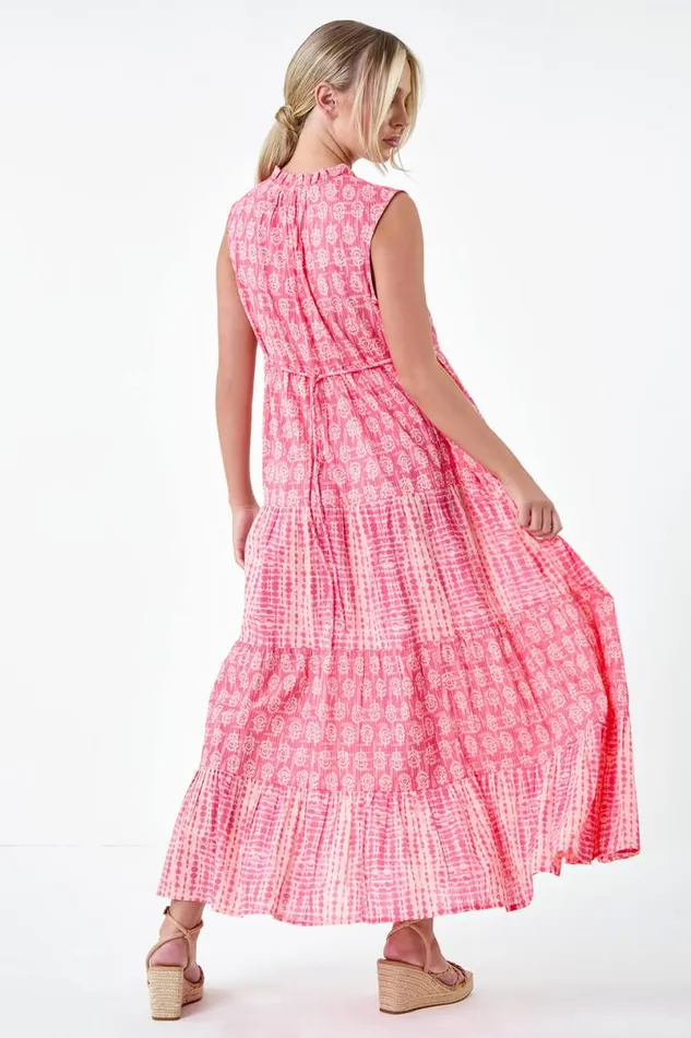 Pink Petite Tie Dye Tiered Midi Dress Women Roman Dresses