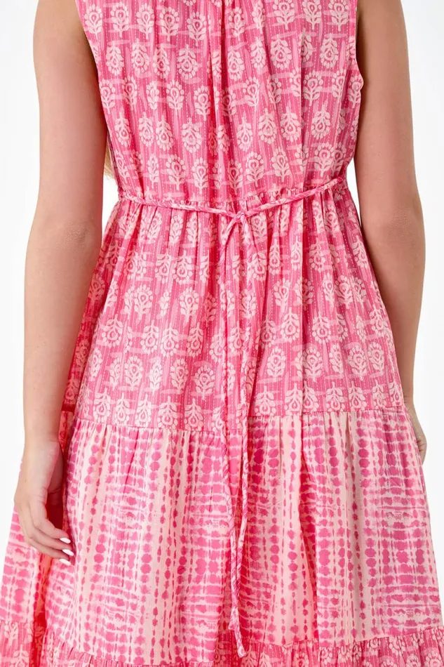 Pink Petite Tie Dye Tiered Midi Dress Women Roman Dresses