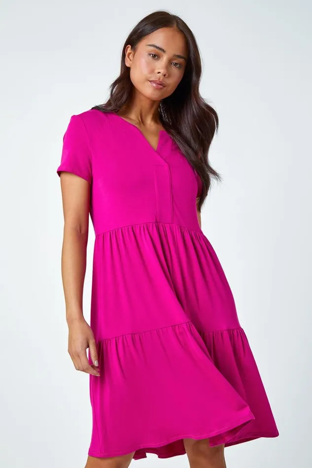 Pink Petite Tiered Stretch TShirt Dress Women Roman Dresses