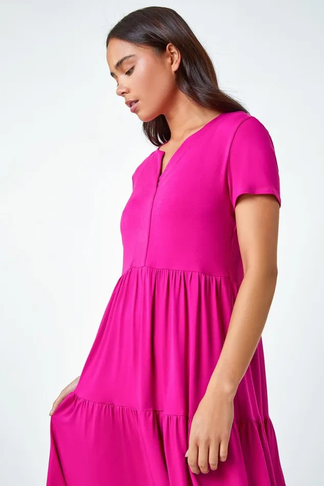 Pink Petite Tiered Stretch TShirt Dress Women Roman Dresses