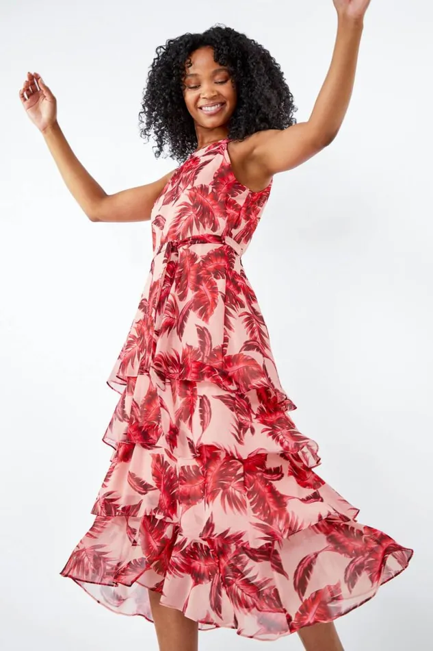 Pink Petite Tiered Tropical Print Midi Dress Women Roman Dresses