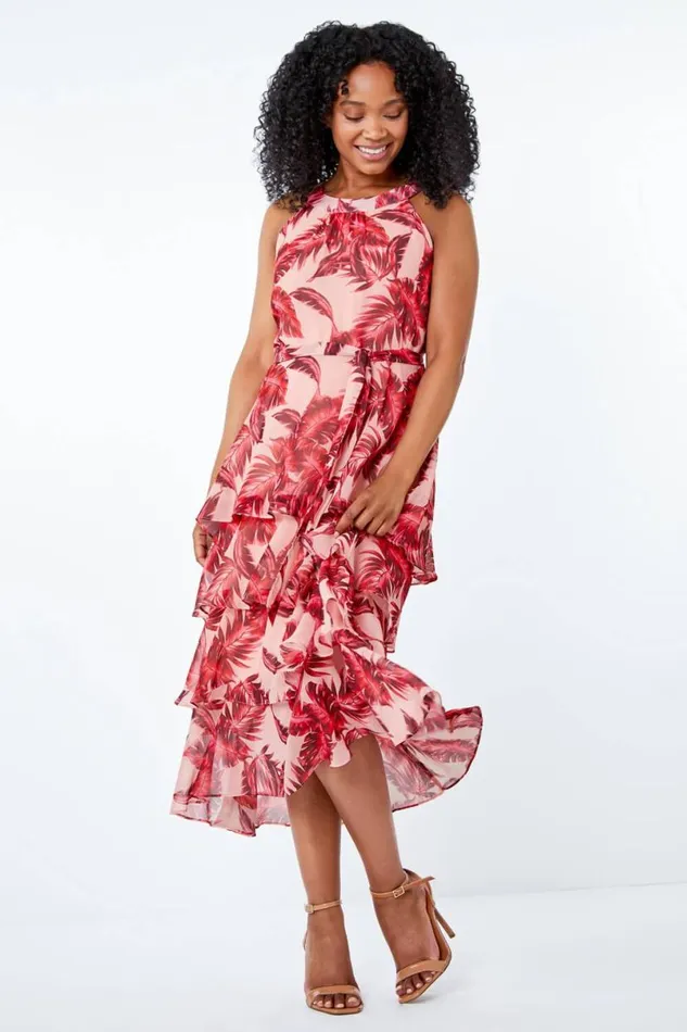 Pink Petite Tiered Tropical Print Midi Dress Women Roman Dresses
