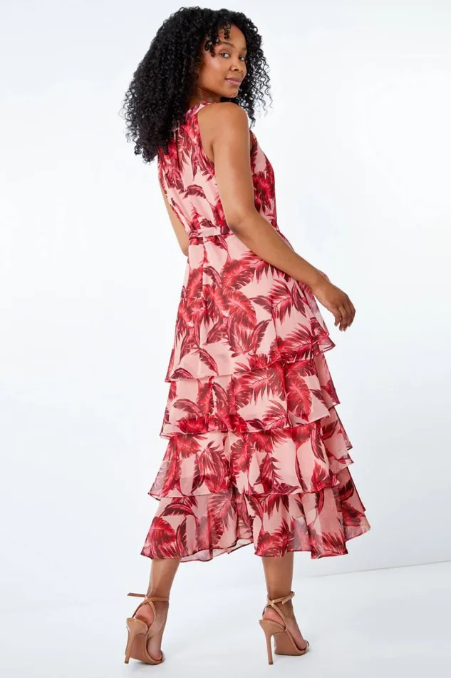 Pink Petite Tiered Tropical Print Midi Dress Women Roman Dresses