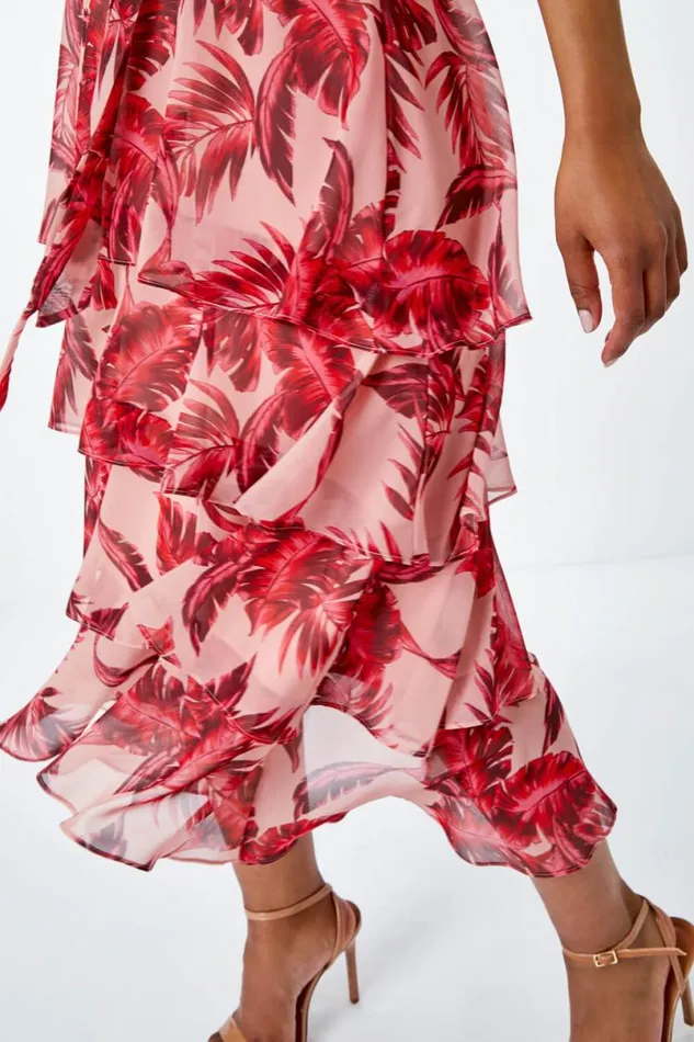 Pink Petite Tiered Tropical Print Midi Dress Women Roman Dresses