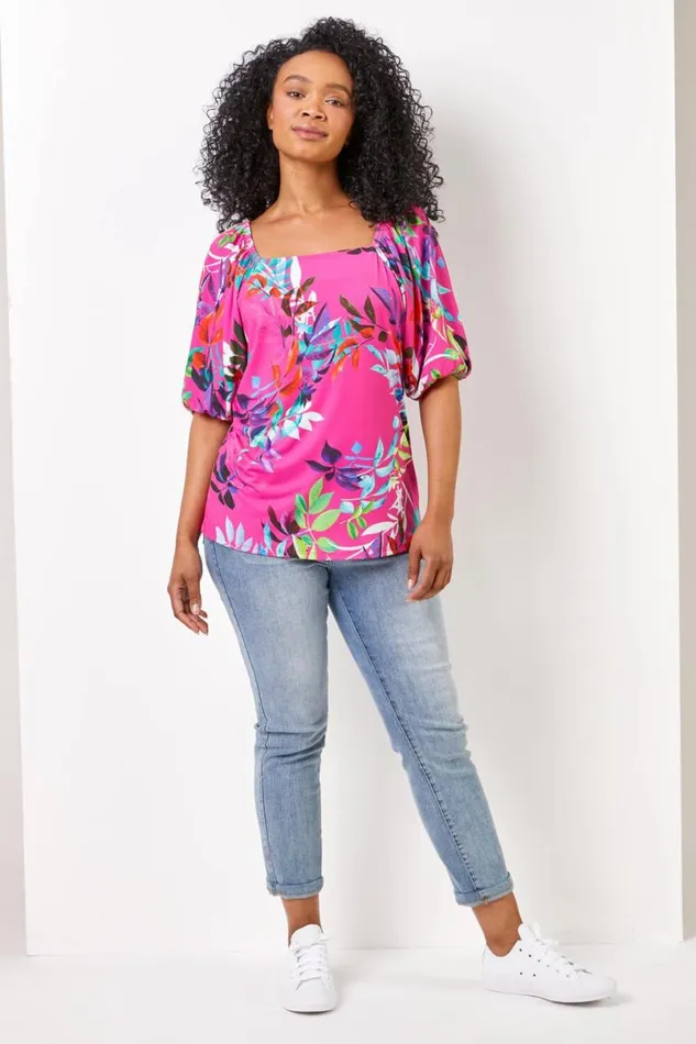Pink Petite Tropical Print Square Neck Top Women Roman Tops