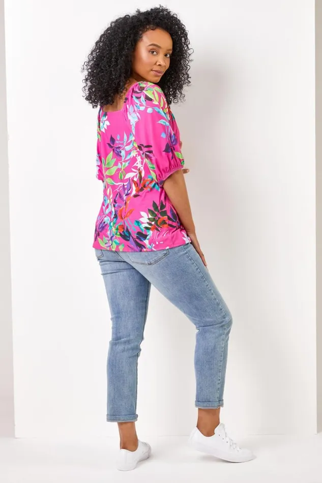 Pink Petite Tropical Print Square Neck Top Women Roman Tops