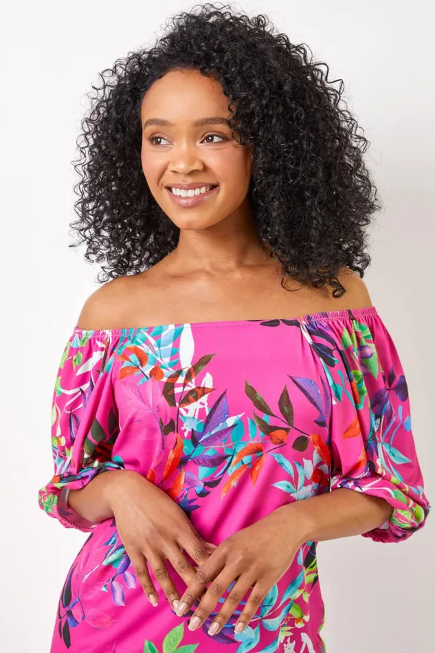 Pink Petite Tropical Print Square Neck Top Women Roman Tops