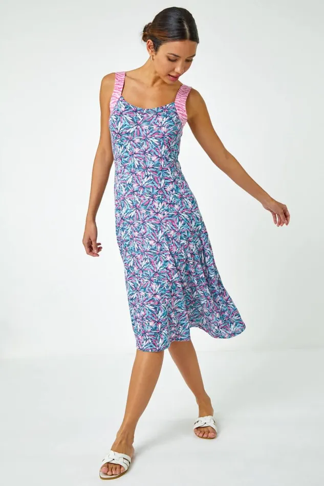Pink Sleeveless Contrast Floral Print Dress Women Roman Dresses