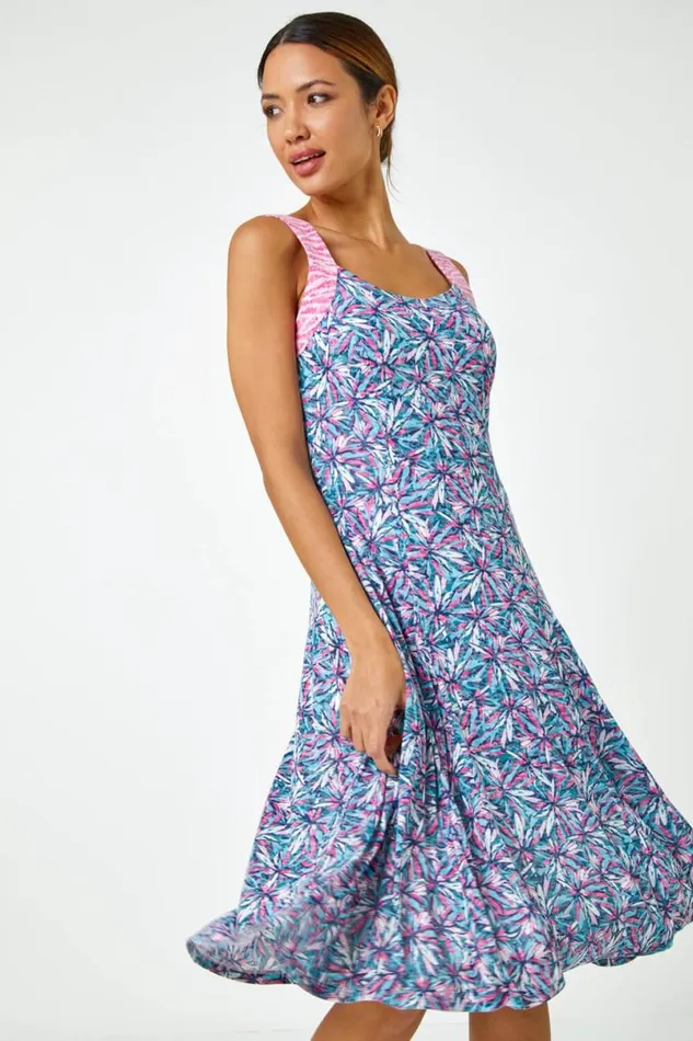 Pink Sleeveless Contrast Floral Print Dress Women Roman Dresses