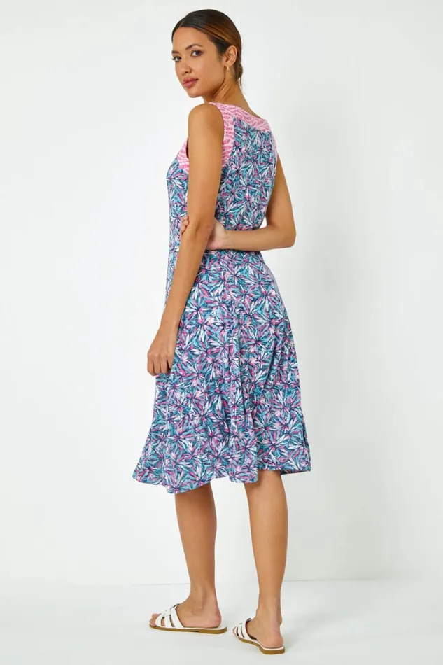Pink Sleeveless Contrast Floral Print Dress Women Roman Dresses