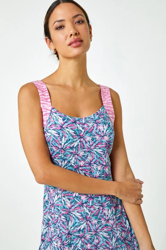 Pink Sleeveless Contrast Floral Print Dress Women Roman Dresses