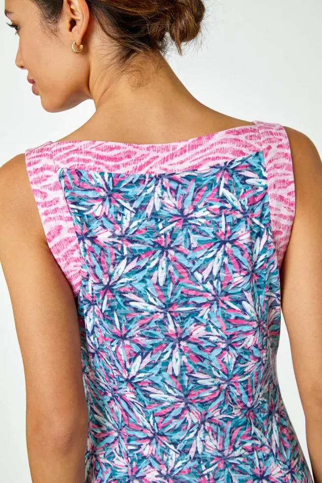 Pink Sleeveless Contrast Floral Print Dress Women Roman Dresses