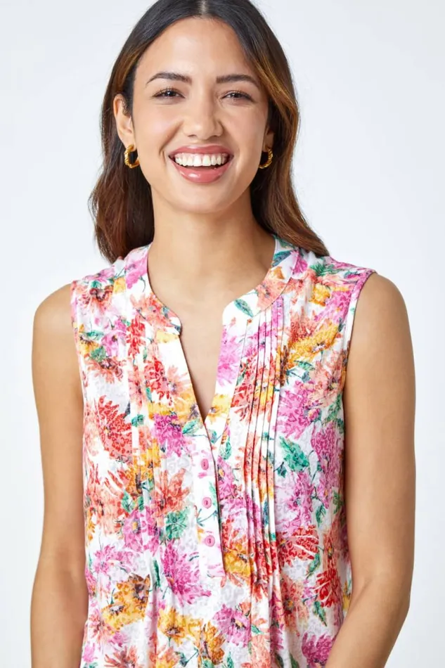 Pink Sleeveless Floral Print Vest Women Roman Tops