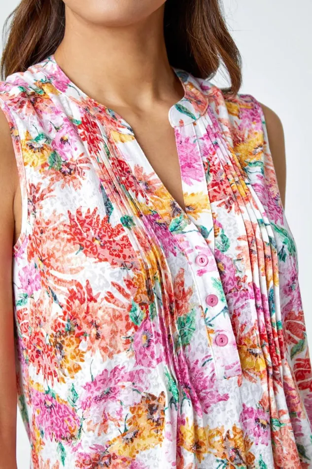 Pink Sleeveless Floral Print Vest Women Roman Tops