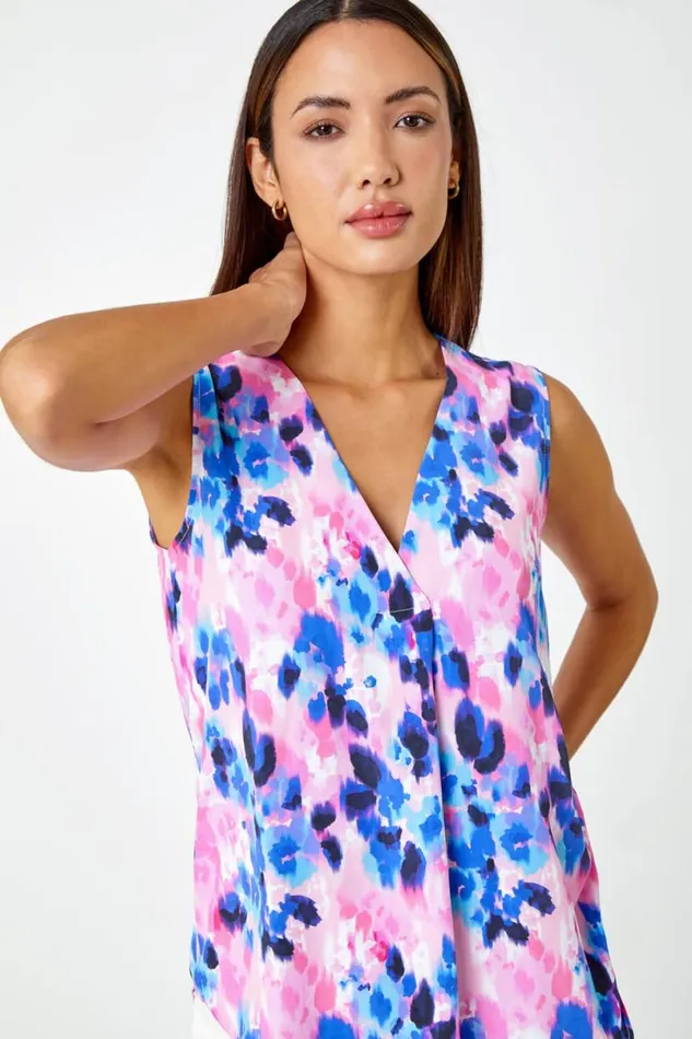 Pink Sleeveless VNeck Floral Pleat Front Top Women Roman Tops