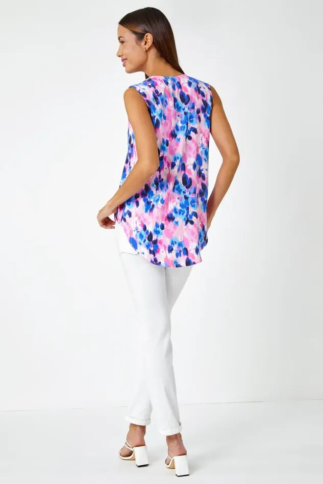 Pink Sleeveless VNeck Floral Pleat Front Top Women Roman Tops