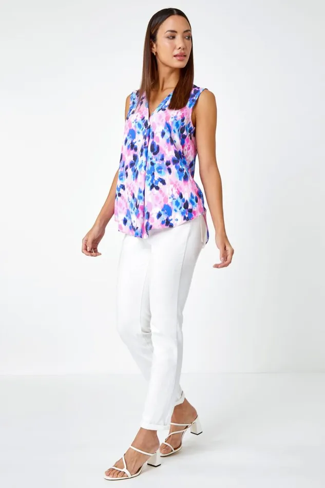Pink Sleeveless VNeck Floral Pleat Front Top Women Roman Tops