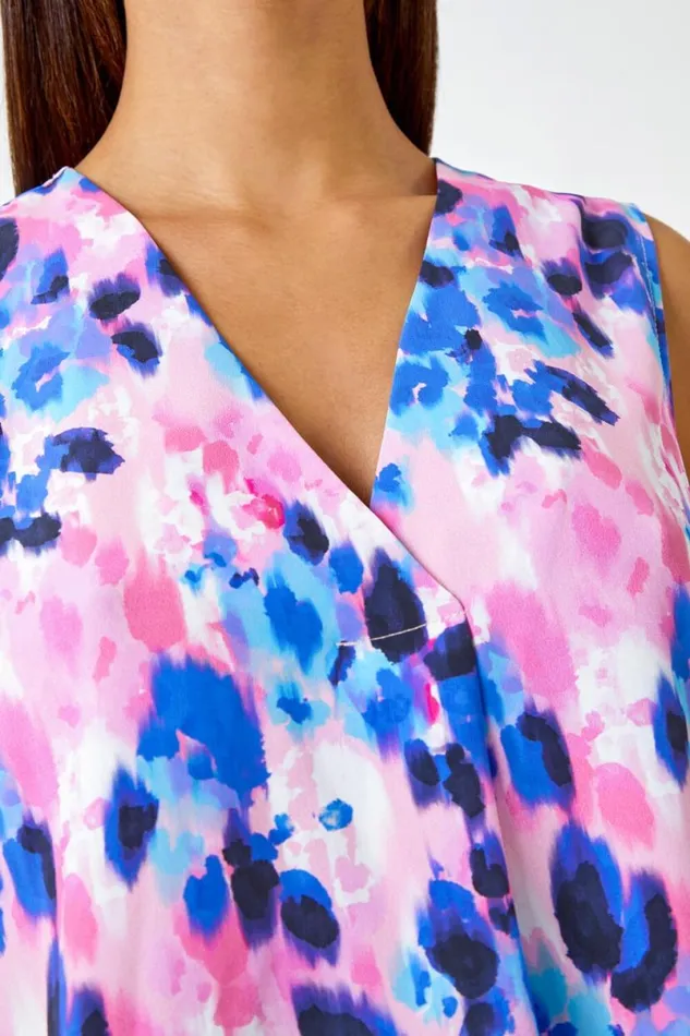 Pink Sleeveless VNeck Floral Pleat Front Top Women Roman Tops