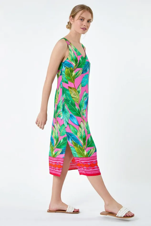 Pink Tropical Border Print Midi Dress Women Roman Dresses