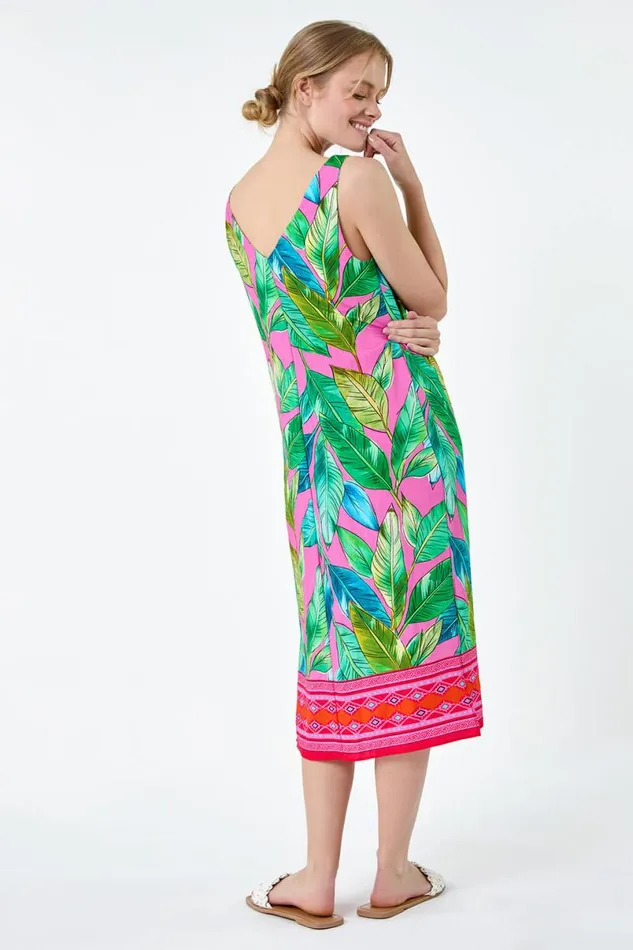 Pink Tropical Border Print Midi Dress Women Roman Dresses