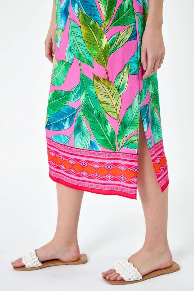 Pink Tropical Border Print Midi Dress Women Roman Dresses