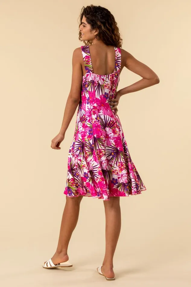Pink Tropical Floral Panel Skater Dress Women Roman Dresses