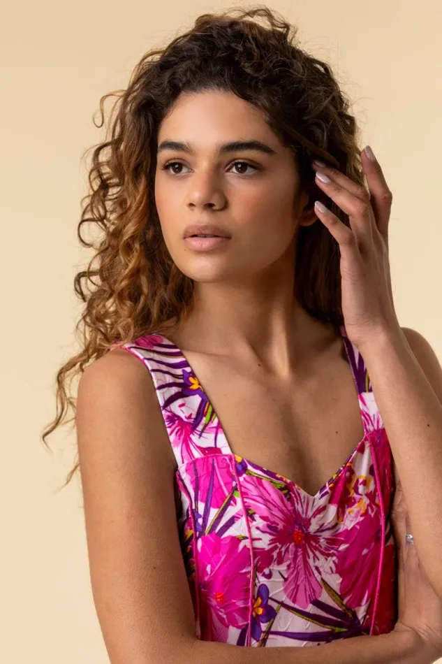 Pink Tropical Floral Panel Skater Dress Women Roman Dresses