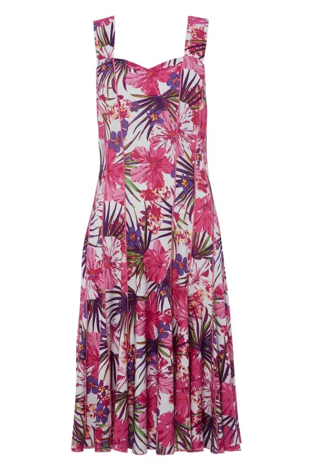 Pink Tropical Floral Panel Skater Dress Women Roman Dresses