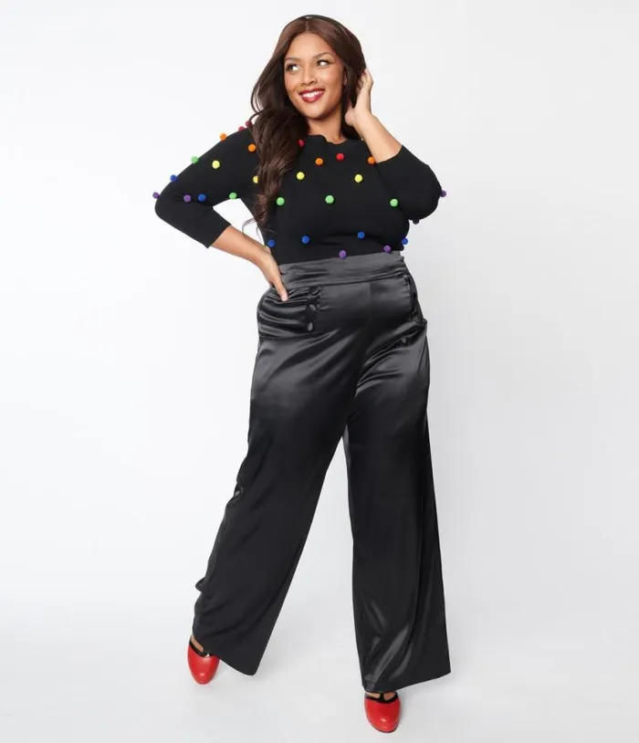 Plus Size 1940s Black Satin High Waist Ginger Pants ClothingPlus Unique Vintage Pants Plus Size 1940s Black Satin High Waist Ginger Pants ClothingPlus Unique Vintage Pants