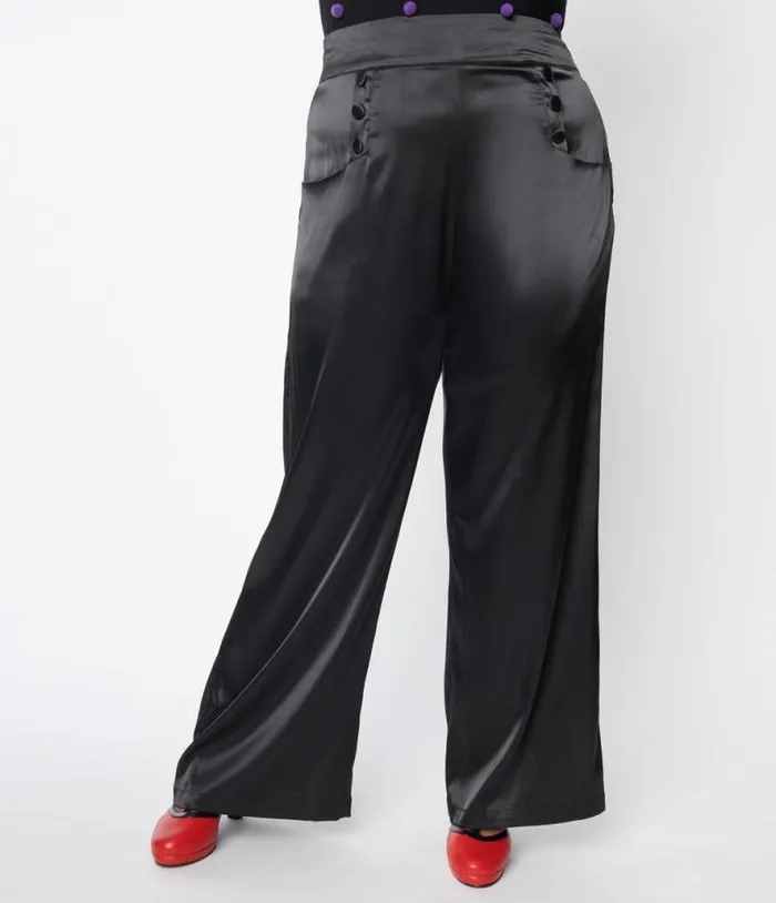 Plus Size 1940s Black Satin High Waist Ginger Pants ClothingPlus Unique Vintage Pants